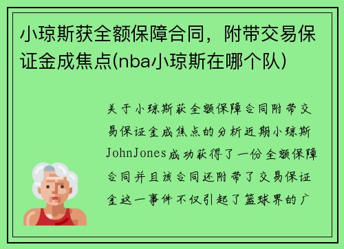 小琼斯获全额保障合同，附带交易保证金成焦点(nba小琼斯在哪个队)