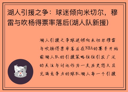 湖人引援之争：球迷倾向米切尔，穆雷与吹杨得票率落后(湖人队新援)