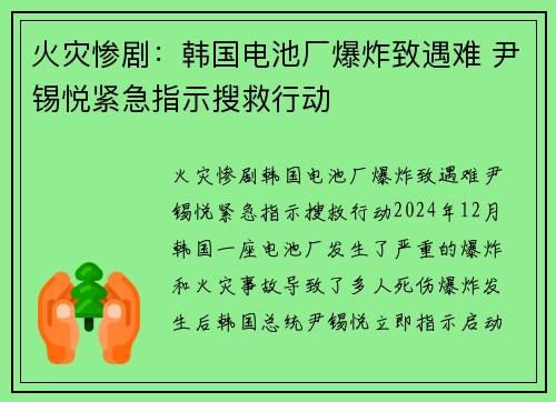 火灾惨剧：韩国电池厂爆炸致遇难 尹锡悦紧急指示搜救行动