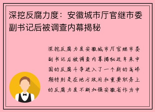深挖反腐力度：安徽城市厅官继市委副书记后被调查内幕揭秘