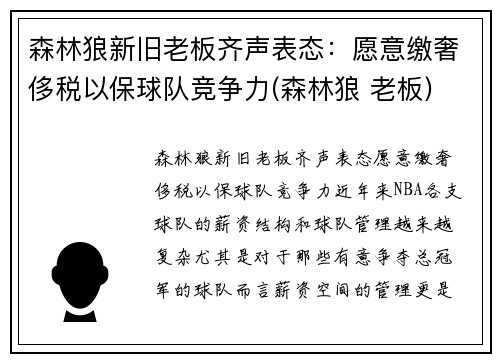 森林狼新旧老板齐声表态：愿意缴奢侈税以保球队竞争力(森林狼 老板)