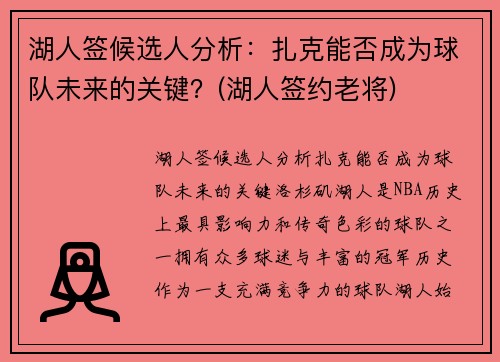 湖人签候选人分析：扎克能否成为球队未来的关键？(湖人签约老将)