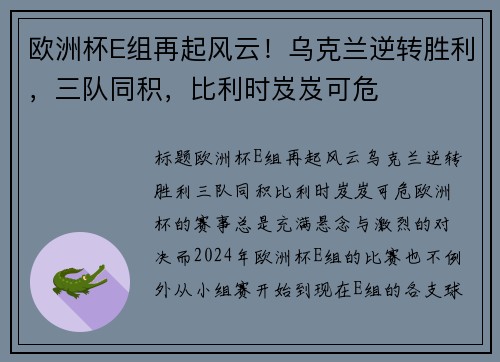 欧洲杯E组再起风云！乌克兰逆转胜利，三队同积，比利时岌岌可危